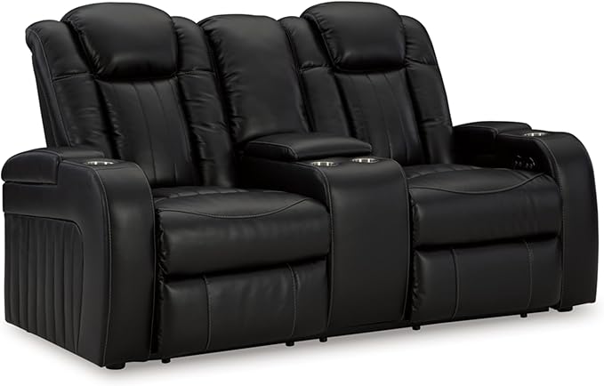 Signature Design by Ashley Caveman Den Modern Faux Leather Power Reclining Loveseat with Console, Adjustable Headrest and LED Lights, Black