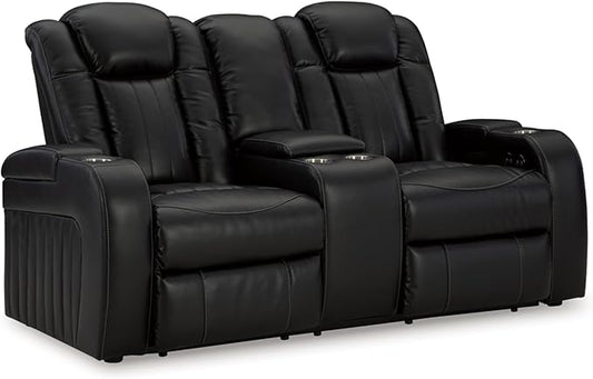 Signature Design by Ashley Caveman Den Modern Faux Leather Power Reclining Loveseat with Console, Adjustable Headrest and LED Lights, Black