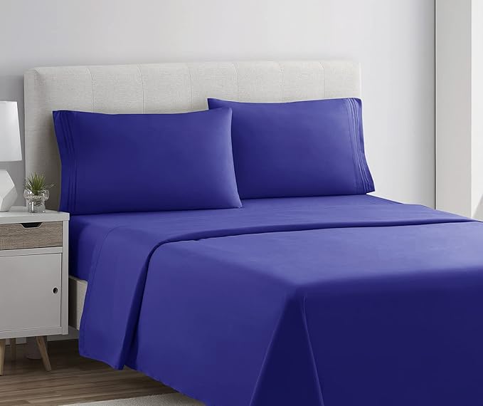 Clara Clark Bed Sheets, Premier 1800 Series 4 Piece Bed Sheet Set, Deep Pocket, Wrinkle, Fade, Stain Resistant, Luxury Soft Bedding Sheets & Pillowcases, Split King, Royal Blue