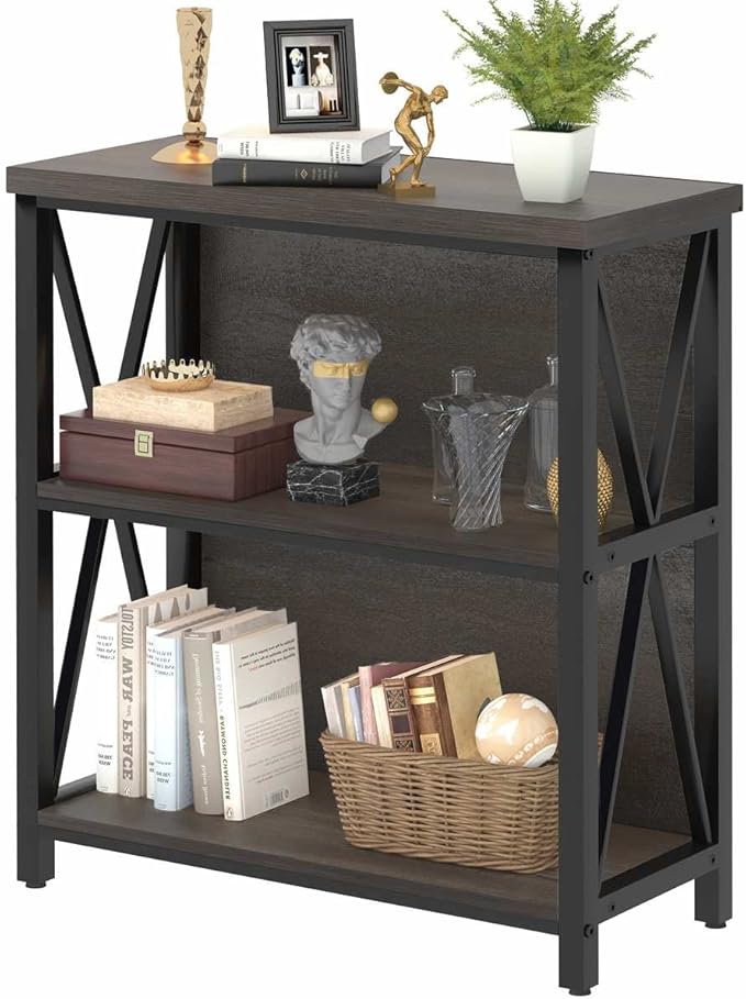 FATORRI Rustic Small 3 Shelf Bookshelf for Living Room, Industrial Low Wood Bookcase, Farmhouse Short Book Shelf for Small Space (Walnut Brown)