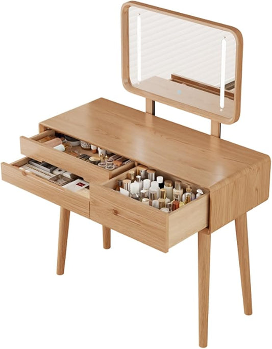 Soild Wood Vanity Table 40 IN with Light Mirror High Adjustable, Make Up Desk Large Dressing Table 3 Lighting Modes, Makeup Vanity 3 Drawer Dresser Vanity Table Wooden for Checkroom Apartment Bedroom