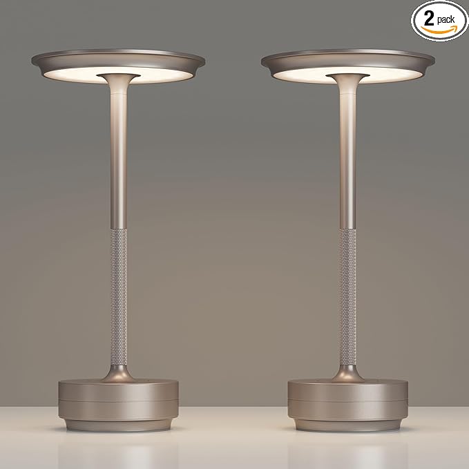 2 Pack Rechargeable Cordless Table Lamps, Portable 5000mAh Outdoor Table Light, 3 Color Stepless Dimming LED Table Lamp with Memory Function, for Home/Dinner/Patio/Restaurant.(Champagne Gold)