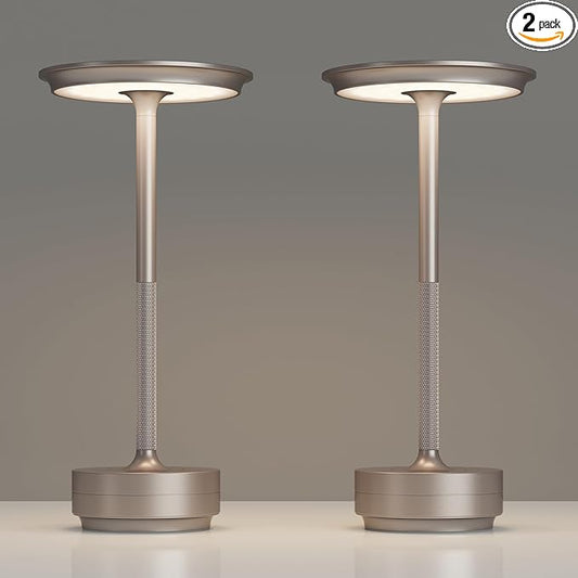 2 Pack Rechargeable Cordless Table Lamps, Portable 5000mAh Outdoor Table Light, 3 Color Stepless Dimming LED Table Lamp with Memory Function, for Home/Dinner/Patio/Restaurant.(Champagne Gold)