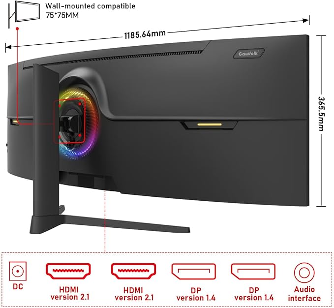 Gawfolk 49 inch Ultra-Wide Curved 1500R Gaming Computer Monitor, DQHD(5120×1440), 165Hz, 1MS, FreeSync, 120% sRGB, Height Adjustable PC Screen, HDMI2.1，DP1.4, Compatible Wall Mount 75 * 75mm - Black