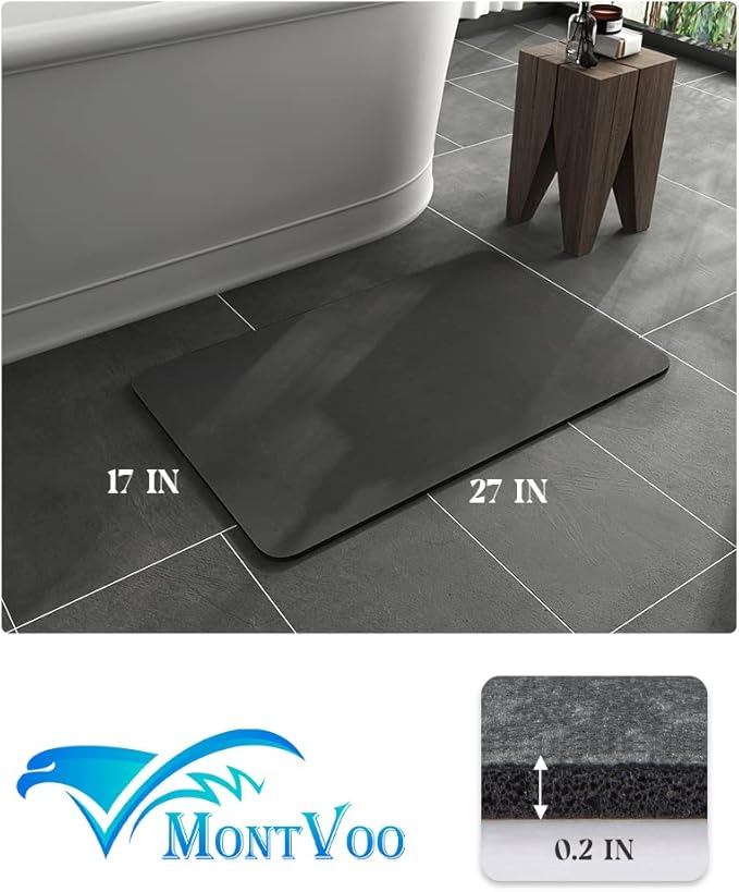 MontVoo -Bath Mat Rug-Rubber Backing Non Slip Quick Dry Absorbent Thin Bathroom Rugs Fit Under Door-Faux Suede Surface Bathroom Floor Mats-Shower Rug for in Front of Bathtub Shower Dark Grey 17"x27.5"