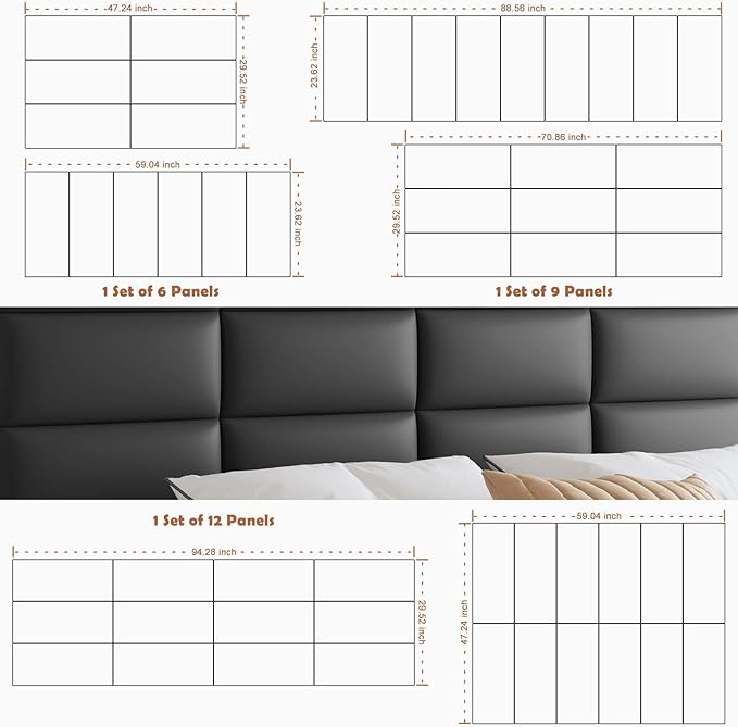 IFNOW Wall Mounted Upholstered Headboard Full, 3D Peel and Stick Soundproof Panels, Reusable and Removable Padded Leather Bed Headboard, 6 Panels 9.84" x 23.62", Black