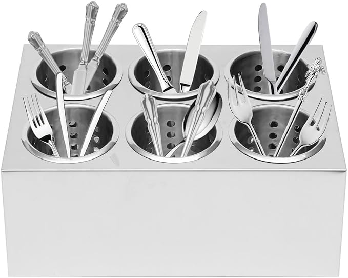 DYNAMI 6-Compartment Stainless Steel Utensil Holder,Commercial Perforated Silverware Holder,Cylinder Silverware Utensil Holder Flatware Organizer Countertop,for Restaurant Kitchen(6-Compartment)