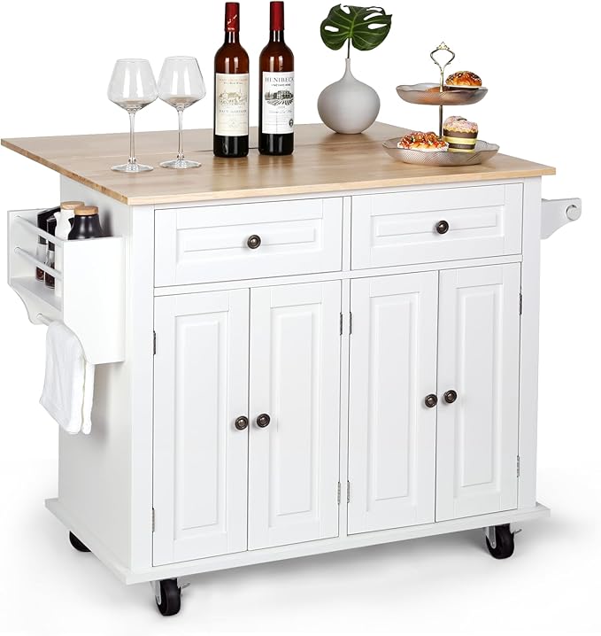 VOWNER 43" W Kitchen Island with Drop Leaf, Rolling Kitchen Island with Drawers, Floating Kitchen Cart with Spice Rack & Towel Rack, Portable Island Kitchen with Storage, Isla para Cocina (White)