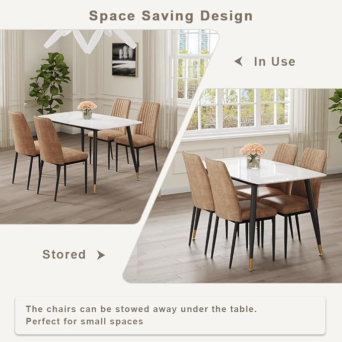 50" White Modern Sintered Stone Dining Table Set for 4 Faux Marble Dining Table with 4 Upholstered Leatheraire Fabric Chair Dining Room Table Set(1White Table+4Brown Chairs)