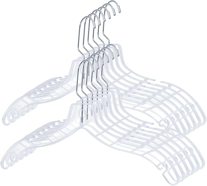 VWV 12pcs Clear Plastic Hangers: Shirt, Skirt, Sweater, Suit, Jacket Hangers with Non-Slip Grooves, Heavy Duty, Clear Color, Metallic Finish