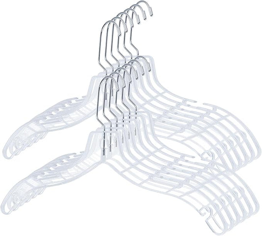 VWV 12pcs Clear Plastic Hangers: Shirt, Skirt, Sweater, Suit, Jacket Hangers with Non-Slip Grooves, Heavy Duty, Clear Color, Metallic Finish