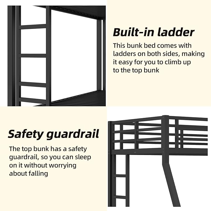 Twin Over Full Bunk Bed Frame, Heavy Duty Metal Loft Bed for Adults/Teens, 250/350LB Capacity w/Ladder & Guardrail, Noise-Free Steel Slats, No Box Spring Required, Black