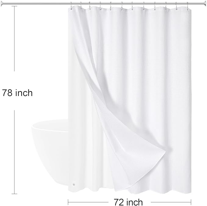 3 in 1 Long Shower Curtain Set-72 W x 78 H, White Waffle and PEVA Liner Set with 12 Stainless Steel Hooks, Waterproof Fabric for Bathroom