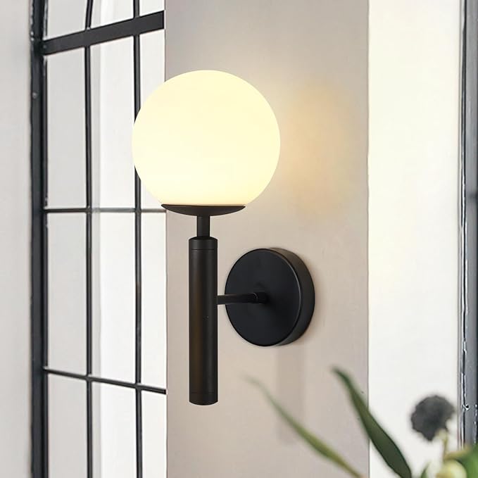 KCO Lighting Modern Wall Sconce Golden Mid Century Industrial Matte Globe Glass Wall Light for Bedroom Vanity Light (Black)