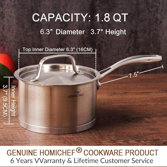 HOMICHEF 1.8 QT NICKEL FREE Stainless Steel Sauce Pan with Lid Coating Free - Non Toxic Matte Polished Stainless Steel Pot with Thick Bottom for Induction