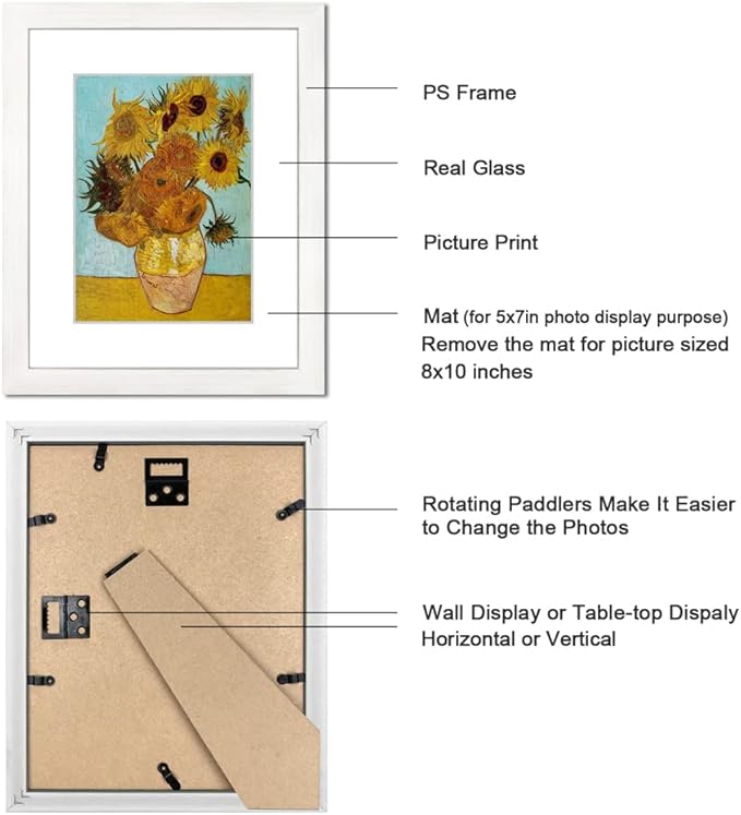 8x10 Picture Frame Set of 6 with Real Glass for Pictures 5x7 with Mat or 8x10 Without Mat, Wall or Tabletop Gallery Photo Frames White