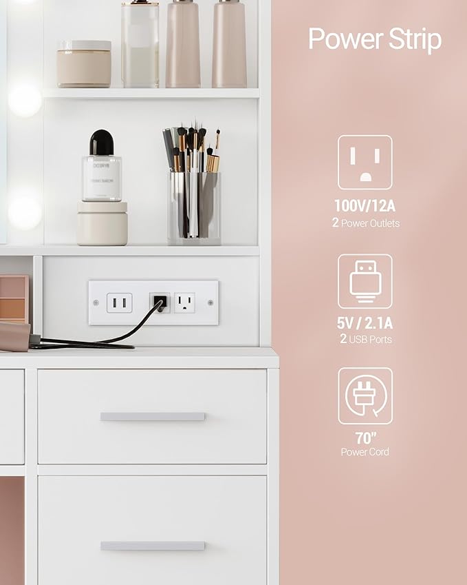 Vanity Desk with Large HD Mirror, Makeup Vanity with Led Lights, Dressing Table with Power Strip, 6 Storage Shelves, 5 Drawers and Side Open Storage, Simple, White