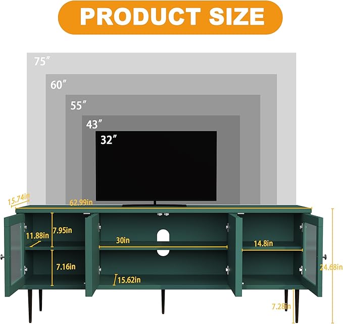 TV Stand for TVs up to 75 Inches, Mid Century Modern Entertainment Center with 3D Flower Pattern, Wood Media Console with 2 Fluted Glass Doors, Storage Cabinet for Living Room, Green