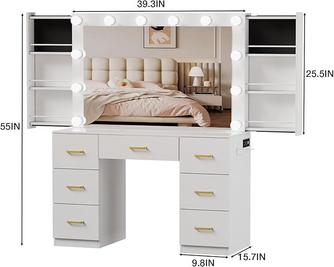 White Makeup Vanity Desk with Lighted Mirror & Power Outlet,3 Color Modes, Brightness Adjustable,Vanity Table with Drawer,Sliding 2 Storage Wall-Mounted Jewelry,4 Shelves for Bedroom