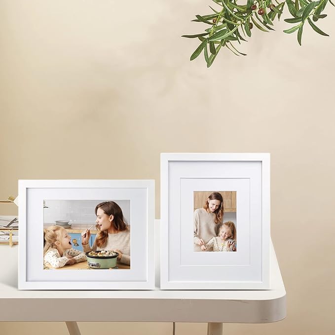 Egofine 11x14 Picture Frame White - Photo Frame Made of Solid Wood Covered by Plexiglass for Table Top Display Pictures 5x7/8x10 with Mat or 11x14 Without Mat - with Wall Mounting Hardware