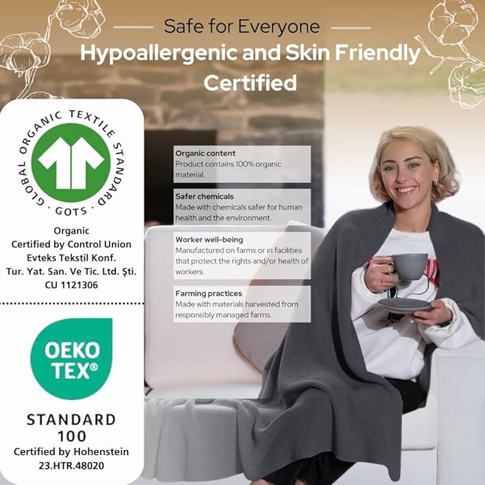 Dalisa 100% Organic Turkish Cotton Throw Blanket - GOTS Certified, Cozy - Perfect for Couch, Bed, and Home Decor - Boho Vintage Knit Alina (Dark Grey, 60x80)