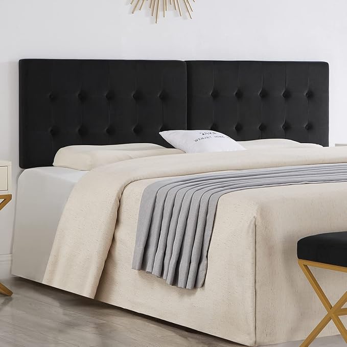 24KF Black Wall Mounted Tufted Button King Headboard, Soft Comfortable Velvet Padded King/CA King Size Headboard-6035-K-Black