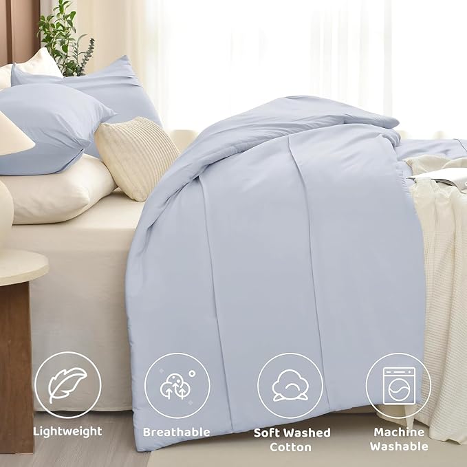 Sanracie Cotton King Comforter Set(106"x 95"),3Pcs Soft Lightweight Pinch Pleated Bedding Set,Cornflower Blue Colored Shabby Boho Chic Aesthetic Bedroom Sets