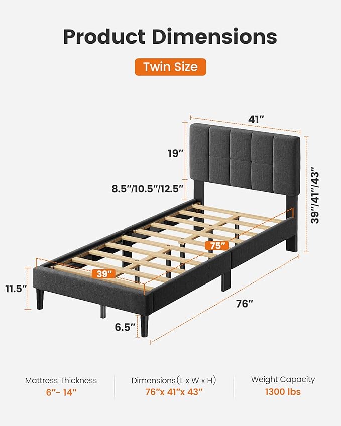 Pipishell Twin Bed Frames with 12 Thickened Legs&Fabric Upholstered Headboard,1300 Lbs Strong Weight Capacity, Adjustable Headboard, No Box Spring Needed, Easy Assembly, Underbed Storage（Solid Wooden）