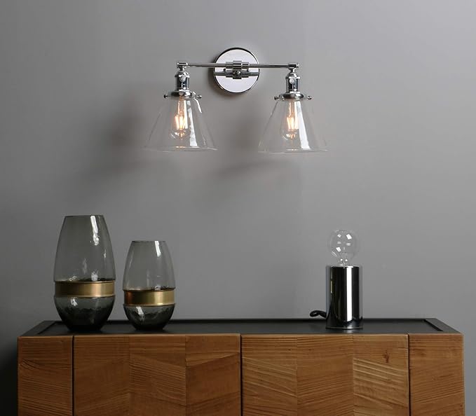 Phansthy 2-Light Wall Sconce Industrial Dual-Light Wall Light with Dual 7.3 Inch Cone Glass Lampshade(Chrome)