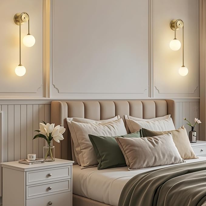 Golden Wall lamp Double Ball, mid-Century Modern Glass Wall sconces,with G9 Tricolor Bulb for Living Room Bedroom Bedside Stairs Restaurant Bathroom Corridor Aisle Lighting