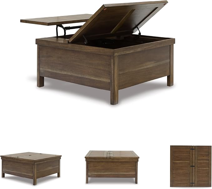Signature Design by Ashley Moriville Rustic Hinged and Lift Top Cocktail Table with Hidden Storage, Light Brown