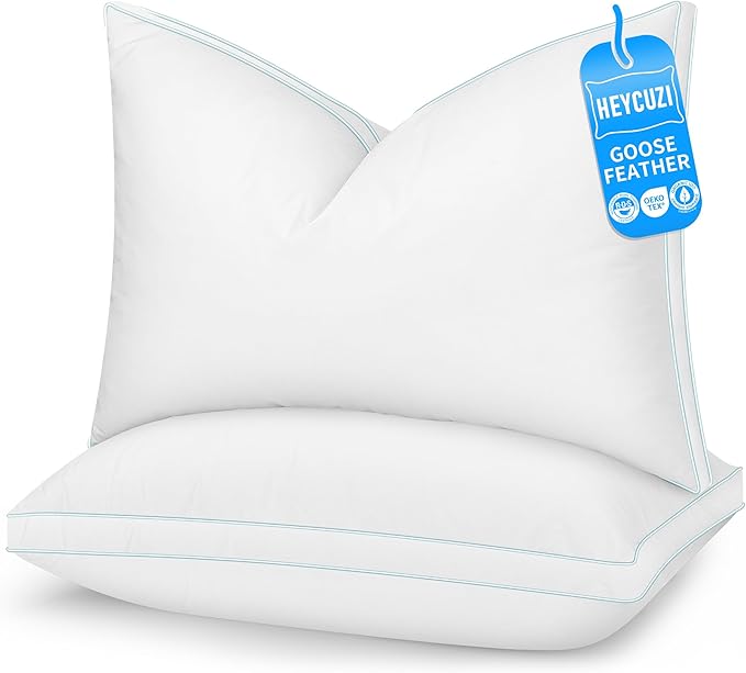Goose Feather Down Pillows - Hotel Soft Bed Pillows Queen Size Set of 2 for Sleeping, 100% Cotton Cover Fluffy Support Gusseted Pillow for Back, Stomach, Side Sleepers White
