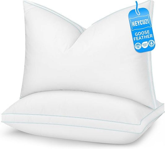 Goose Feather Down Pillows - Hotel Soft Bed Pillows Queen Size Set of 2 for Sleeping, 100% Cotton Cover Fluffy Support Gusseted Pillow for Back, Stomach, Side Sleepers White
