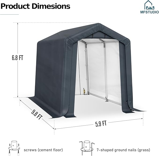 MFSTUDIO Outdoor Storage Sheds 6x10 ft, Portable Carport Shelter Garages Heavy Duty Canopy with Rolled up Zipper Doors, Outside Utility Shed Garage Tent for Motorcycle, Bicycles and Camping Tools