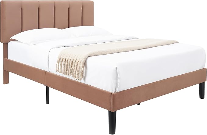 VECELO Queen Bed Frame with Upholstered Headboard, Heavy-Duty Platform Bedframe with Strong Wooden Slats Support, No Boxing Spring Needed, Coffee