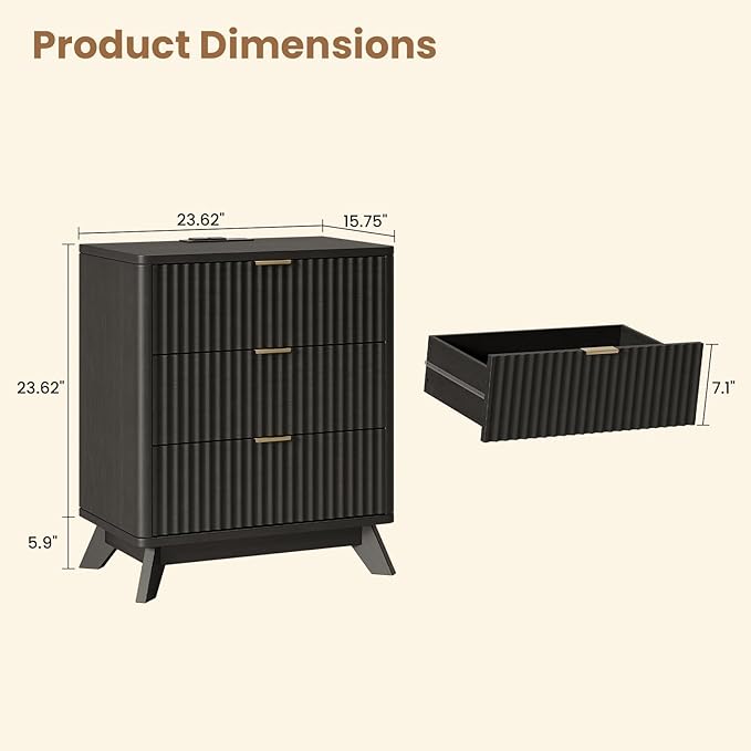 30" Tall Fluted NightStand Set of 2,Modern Side Table with Storage, 3 Drawers End Table with Charging Station,Night Stand Wood Bedside Tables for Bedroom,Curved Profile Design,Black