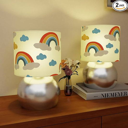 Set of 2 Silver Small Bedside Table Lamps with Rainbow Cloud Pattern Shades (Bulb Included)