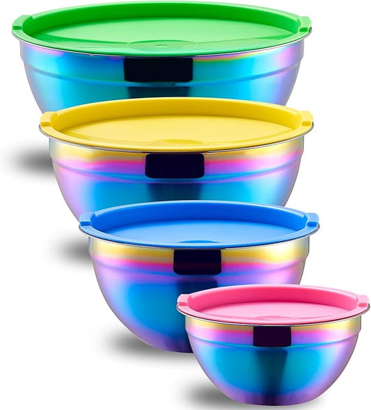 Rainbow Mixing Bowls With Airtight Lids,Stainless Steel Bowl,Salad Bowls 4 Piece Colorful Nesting Bowl Rainbow Kitchen Accessories,Size 5.5,3.6,2.1,1.5 QT Stackable Design