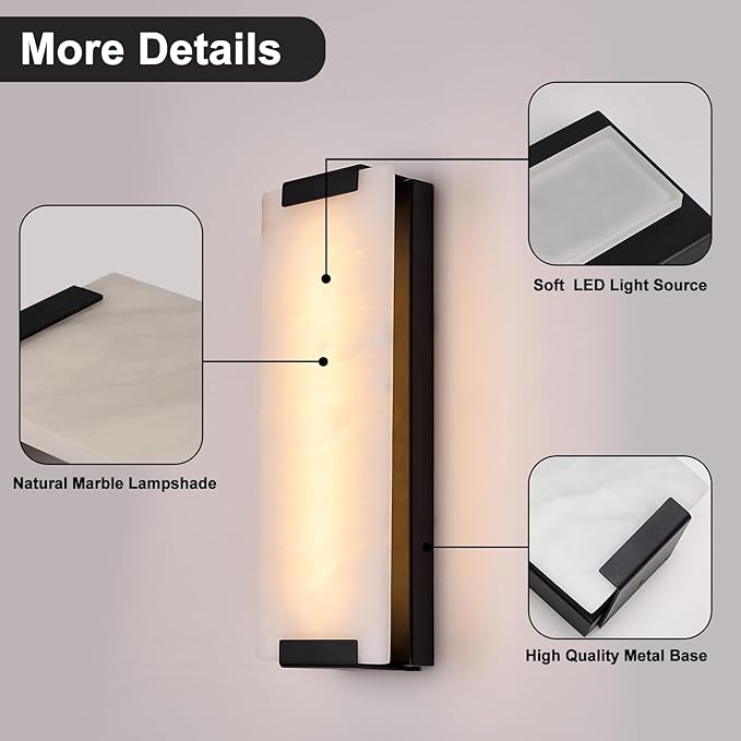 14.2in Alabaster Wall Sconce Hardwired, Large Vertical Natural Marble Wall Light Decor, LED Modern Alabaster Wall Lamp for Bedroom, Stairs, Living Room, Vanity, Bedside, Hallway, Bathroom（Black 12W）