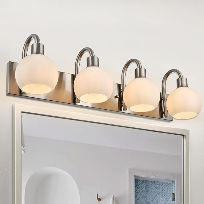 28.7 Inch Bathroom Light Fixture Brushed Nickel, Modern 4-Lights Vanity Light Over Mirror with Milk White Globe Shades, Wall Mounted Lamp for Hallway Kitchen