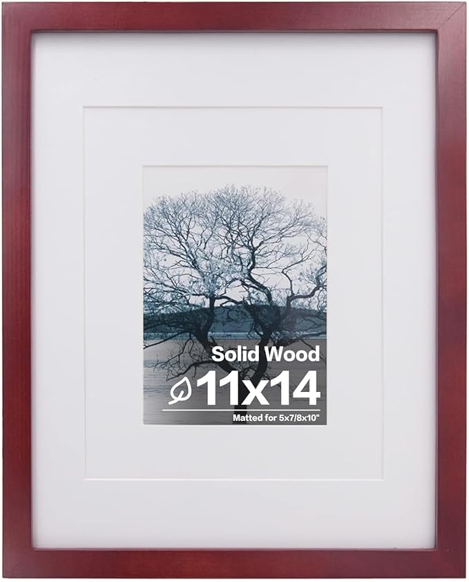 Egofine 11x14 Picture Frame Display Pictures 5x7/8x10 with Mat or 11x14 Without Mat Made of Solid Wood Covered by Plexiglass for Table Top Display and Wall Mounting Photo Frame, Dark Red