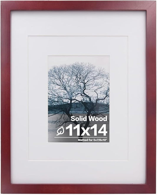 Egofine 11x14 Picture Frame Display Pictures 5x7/8x10 with Mat or 11x14 Without Mat Made of Solid Wood Covered by Plexiglass for Table Top Display and Wall Mounting Photo Frame, Dark Red