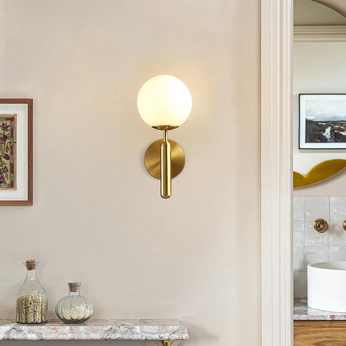 KCO Lighting Milk Glass Globe Wall Sconce Mid Century Brushed Brass Wall Sconces Modern Gold Wall Light Vintage Bathroom Vanity Light Fixtures for Bedroom Hallway