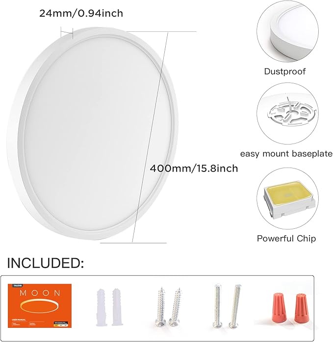 TALOYA 15.8inch Dimmable LED Flush Mount Ceiling Light, 24W 3000K/4000K/6500K 3 CCT in One, White Ultra Thin Low Profile Flush Mount LED Ceiling Light for Home, Bedroom, Kitchen
