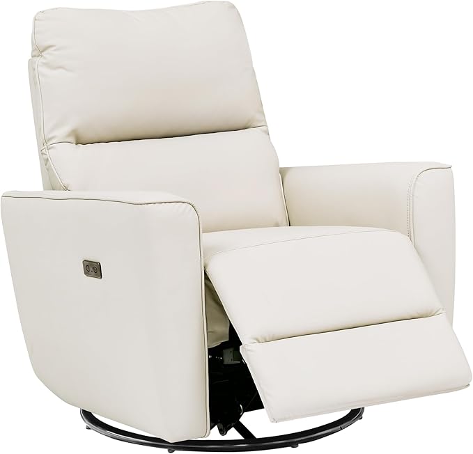 GarveeHome Power Recliner Chair Swivel Glider Upholstered Faux Leather Nursery Rocker Reclining Sofa Chair with Charging Port, Curved Armrests & Padded Backrest (Beige)