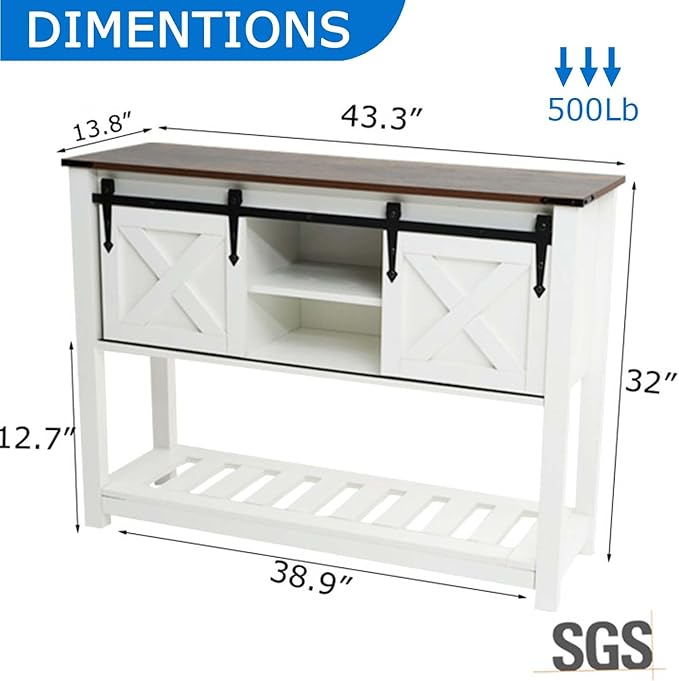 Farmhouse Entryway Table, 46" Hallway Table with Sliding Barn Doors, Rustic Sofa Table, Wood Console Table with Storage Shelf for Living Room, Entryway, Foyer (White)