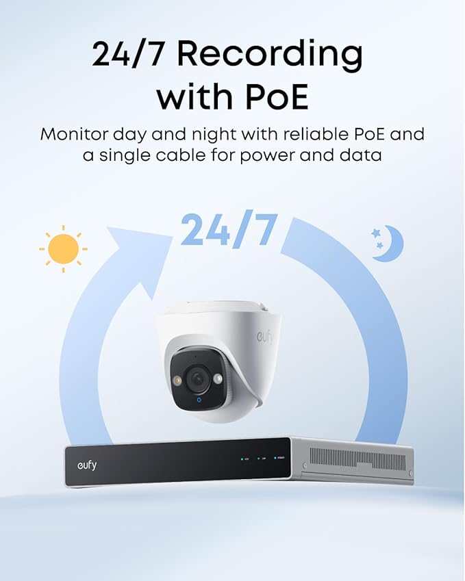 eufy PoE Turret Security Camera E41, NVR Add On Cam, 4K UHD, 122° FOV, F1.6 Color Night Vision, 24/7 Recording, Human/Vehicle/Pet AI Detection, Red and Blue Strobe, Plug and Play