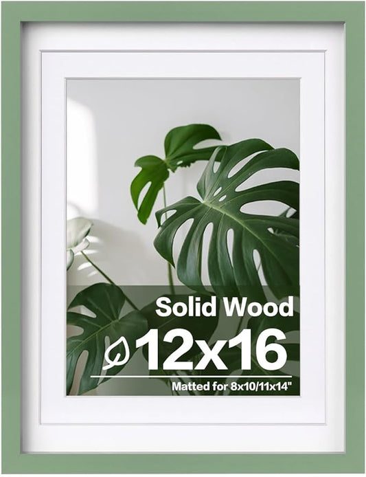 Egofine 12x16 Picture Frame Made of Solid Wood, Display Covered by Plexiglass, Display Pictures 9x12/11x14 with Mat or 12x16 Without Mat for Wall Mounting, Green
