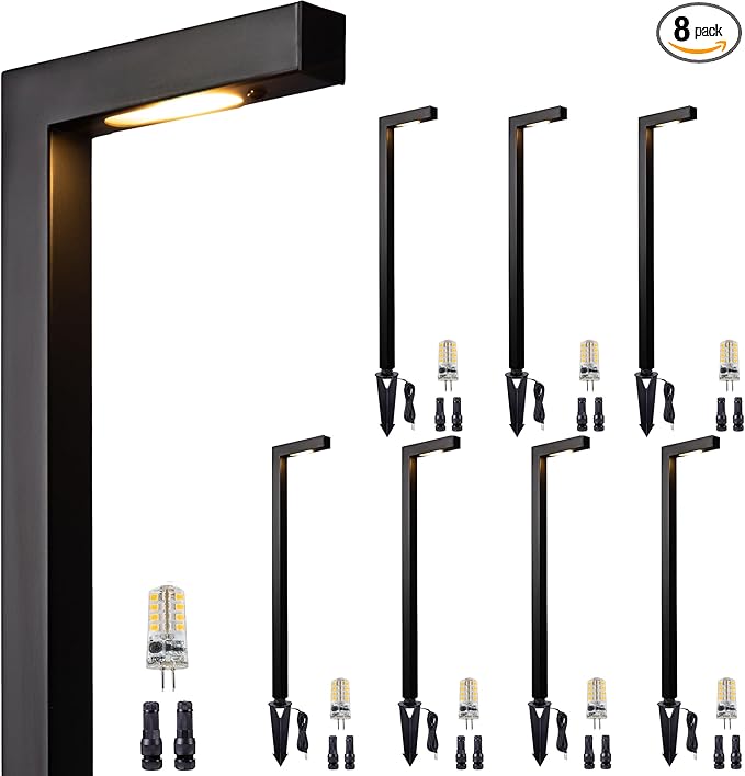 Brass Black Low Voltage Garden Lights, Outdoor Landscape Pathway Light, 12V LED AC/DC Bronze L Shape Path Lamp for Sideway House Walkway with 3W 270LM 4000K G4 Bulb 8 Pack