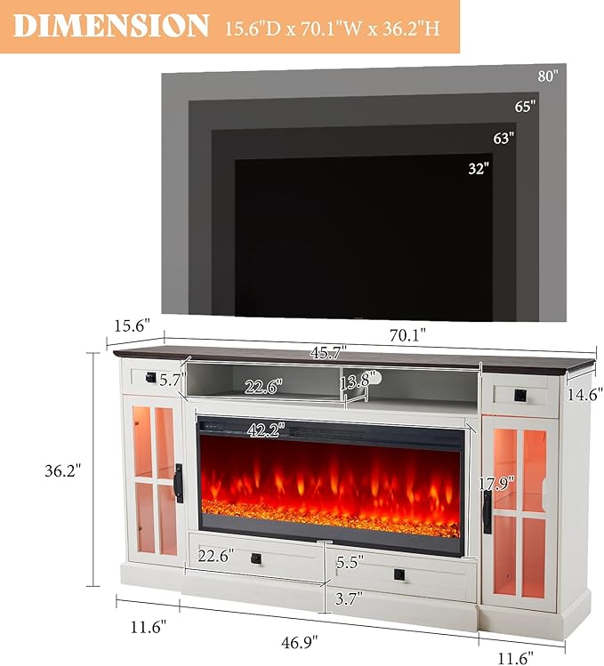 AMERLIFE 70“ Fireplace TV Stand for 80 Inch TV, Farmhouse TV Stand with 42" Fireplace & LED Lights, Entertainment Center with Storage Drawers & Cabinets, Antique White